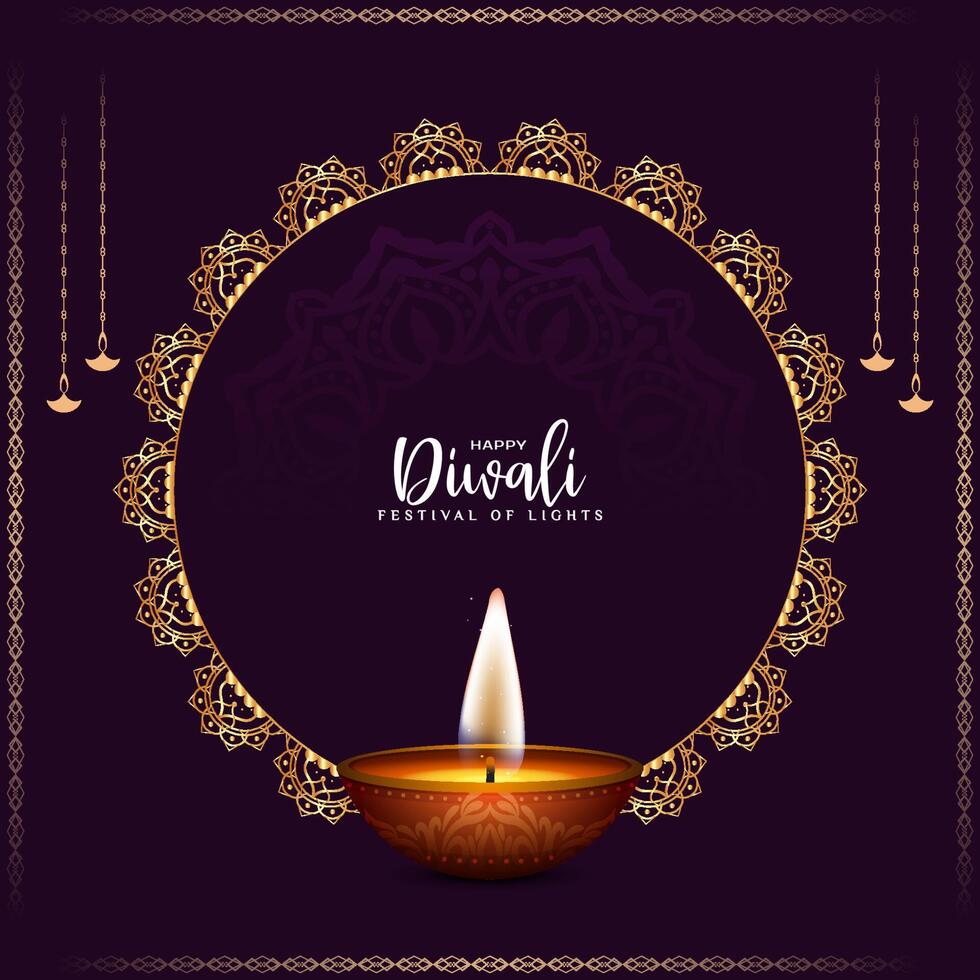 Happy Diwali festival background with golden frame and diya vector