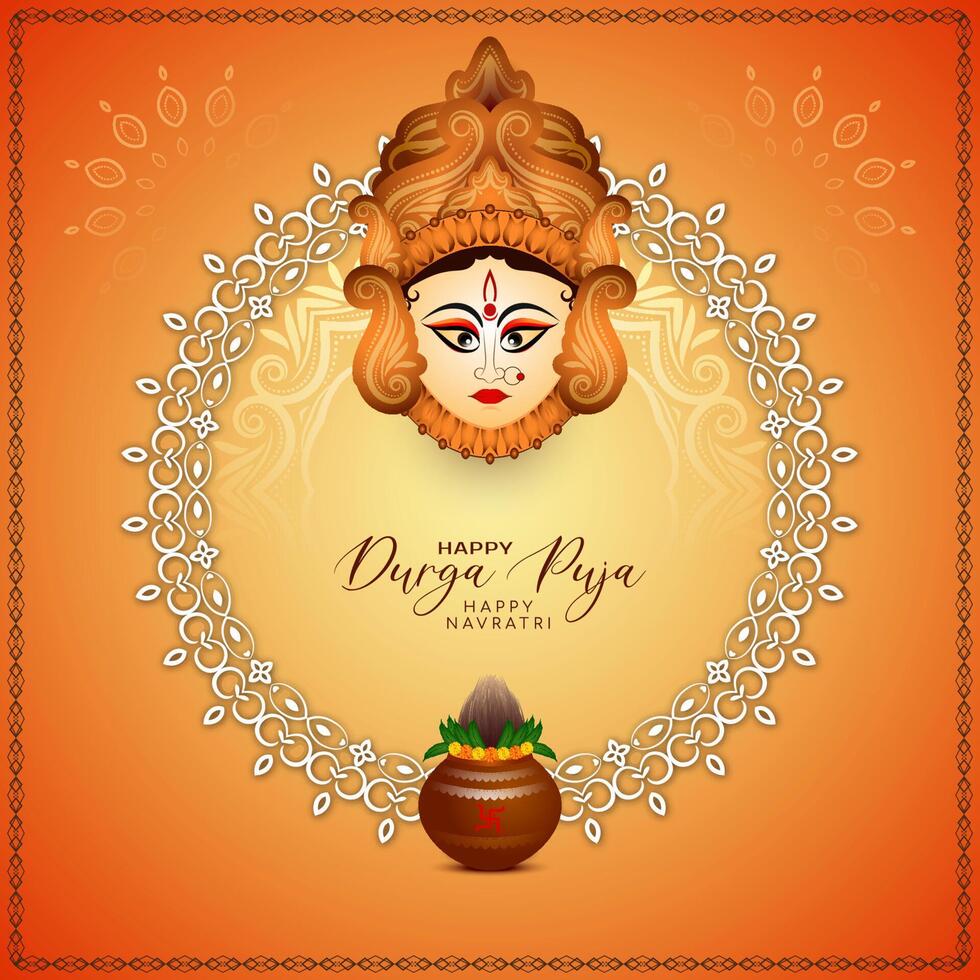 Durga Puja and Happy navratri festival card with goddess durga face design vector
