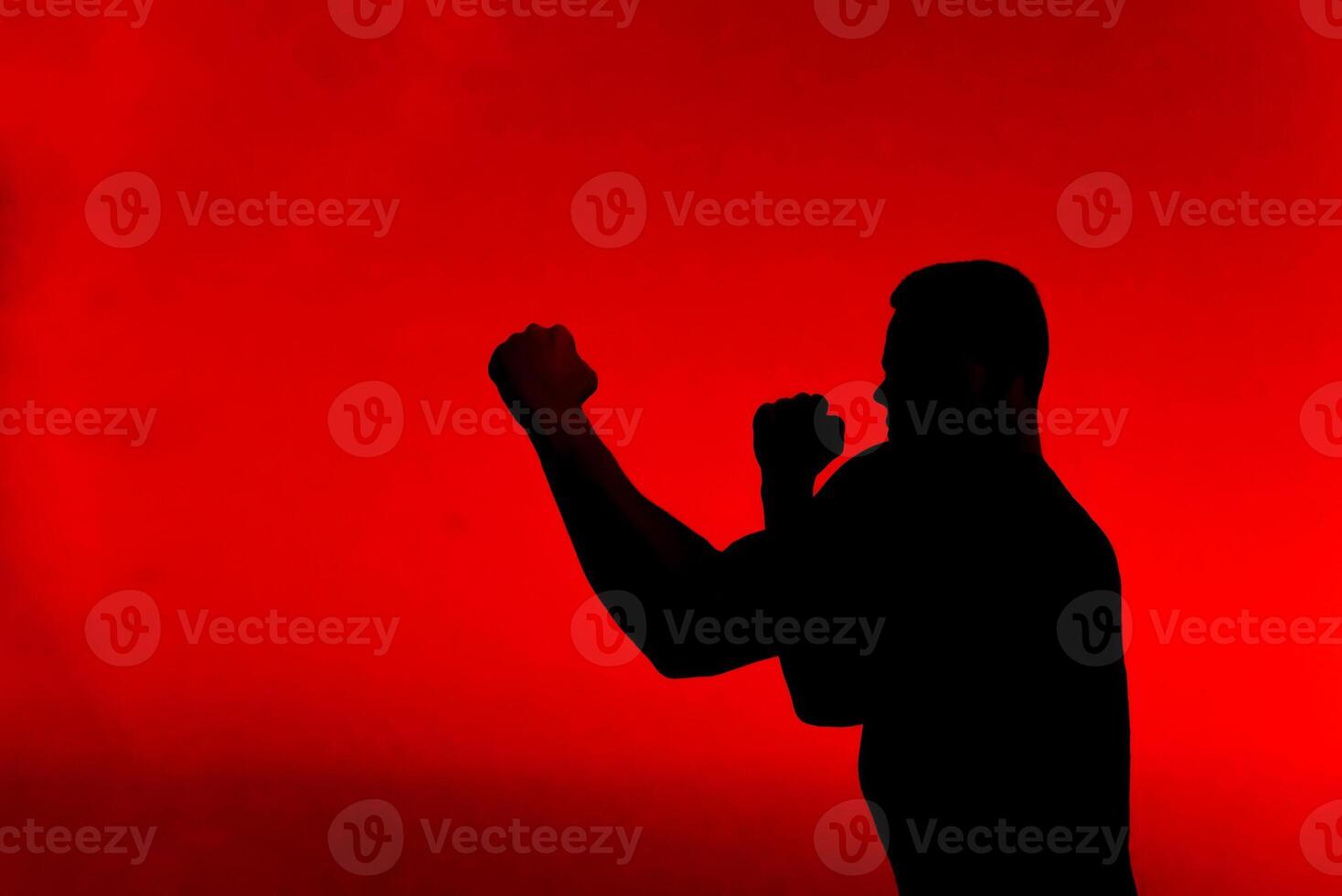 Silhouette of a strong fighter practicing combat exercises photo