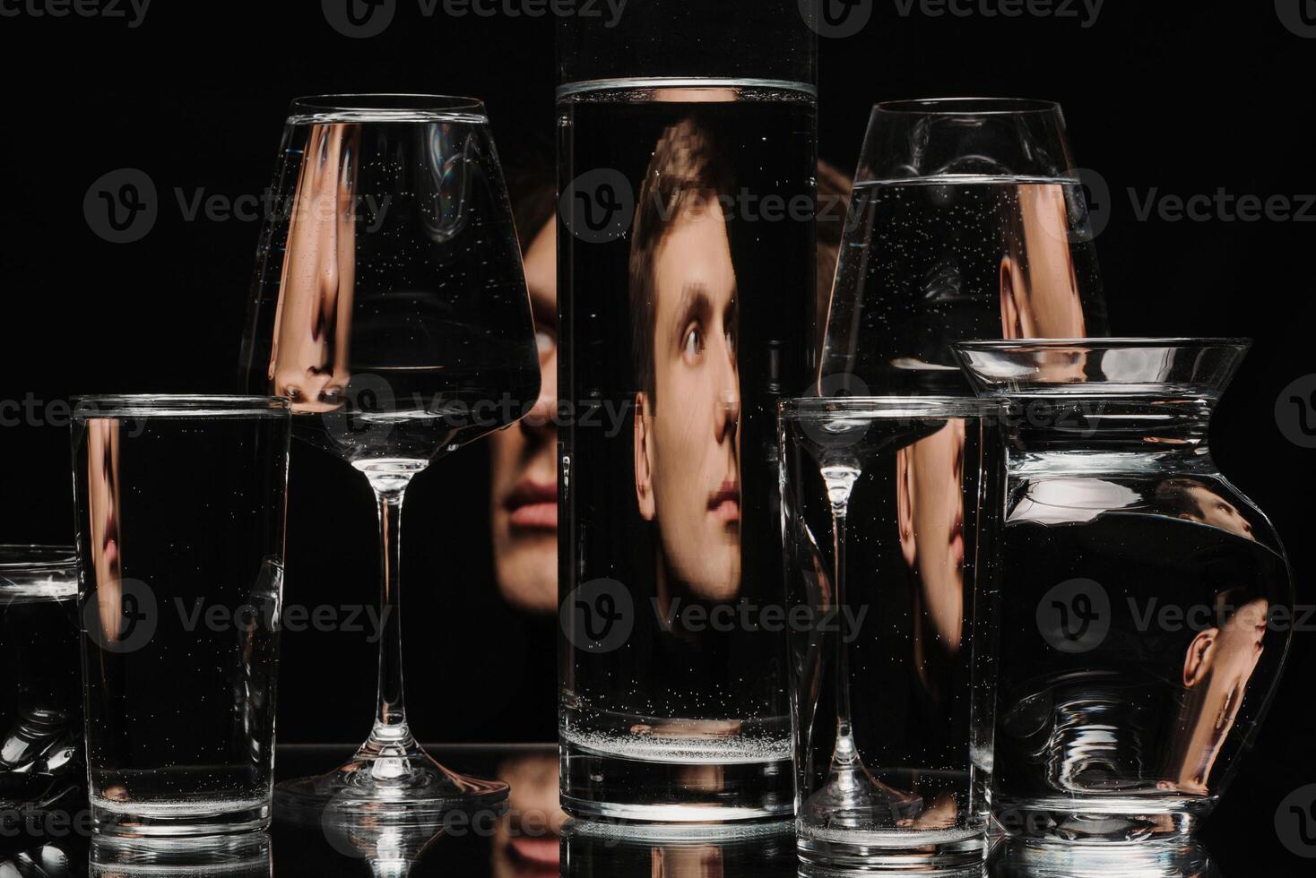 portrait of a man through the glass of the tank with water with the reflections photo