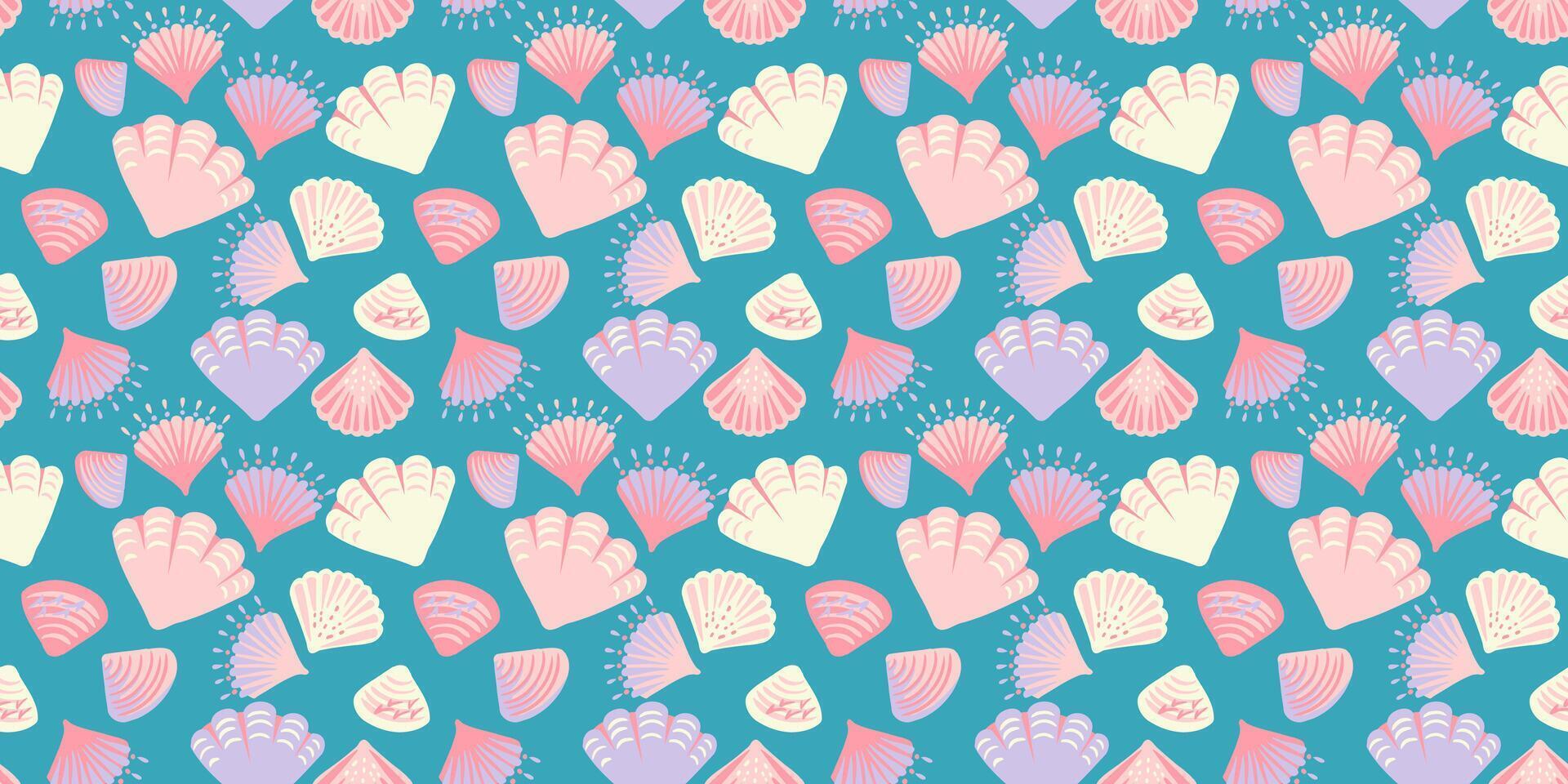 Abstract artistic shapes seashells seamless pattern on a turquoise background. Creative summer marine printing. hand drawing sketch.Template for designs, notebook cover, wrapping paper vector