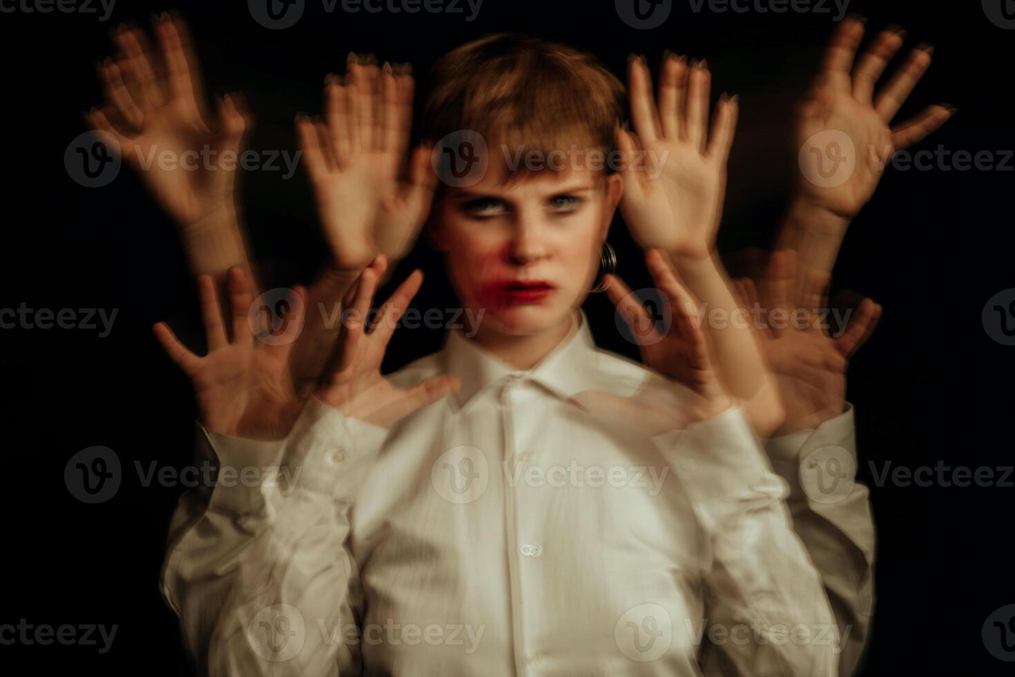 woman is psychopath with schizophrenia and mental disorders. Abstract blurry portrait of a girl with psychosis and panic attacks photo