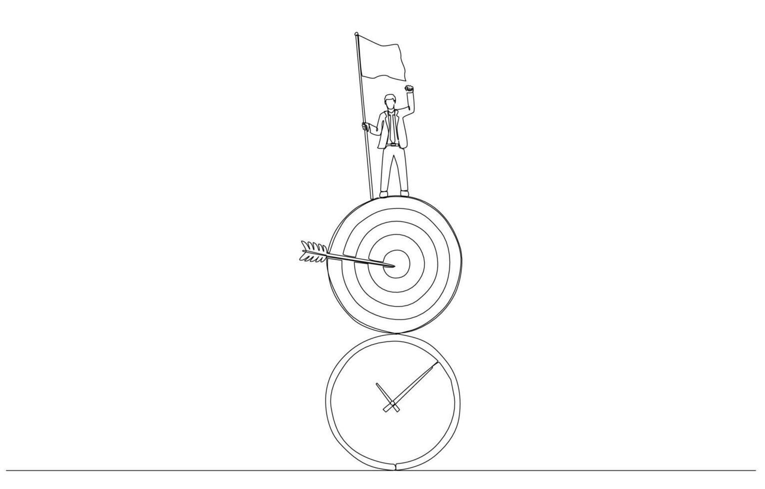 Continuous one line drawing of businessman holding flag standing on shooting target and clock, time management to reach business goal concept, single line art. vector