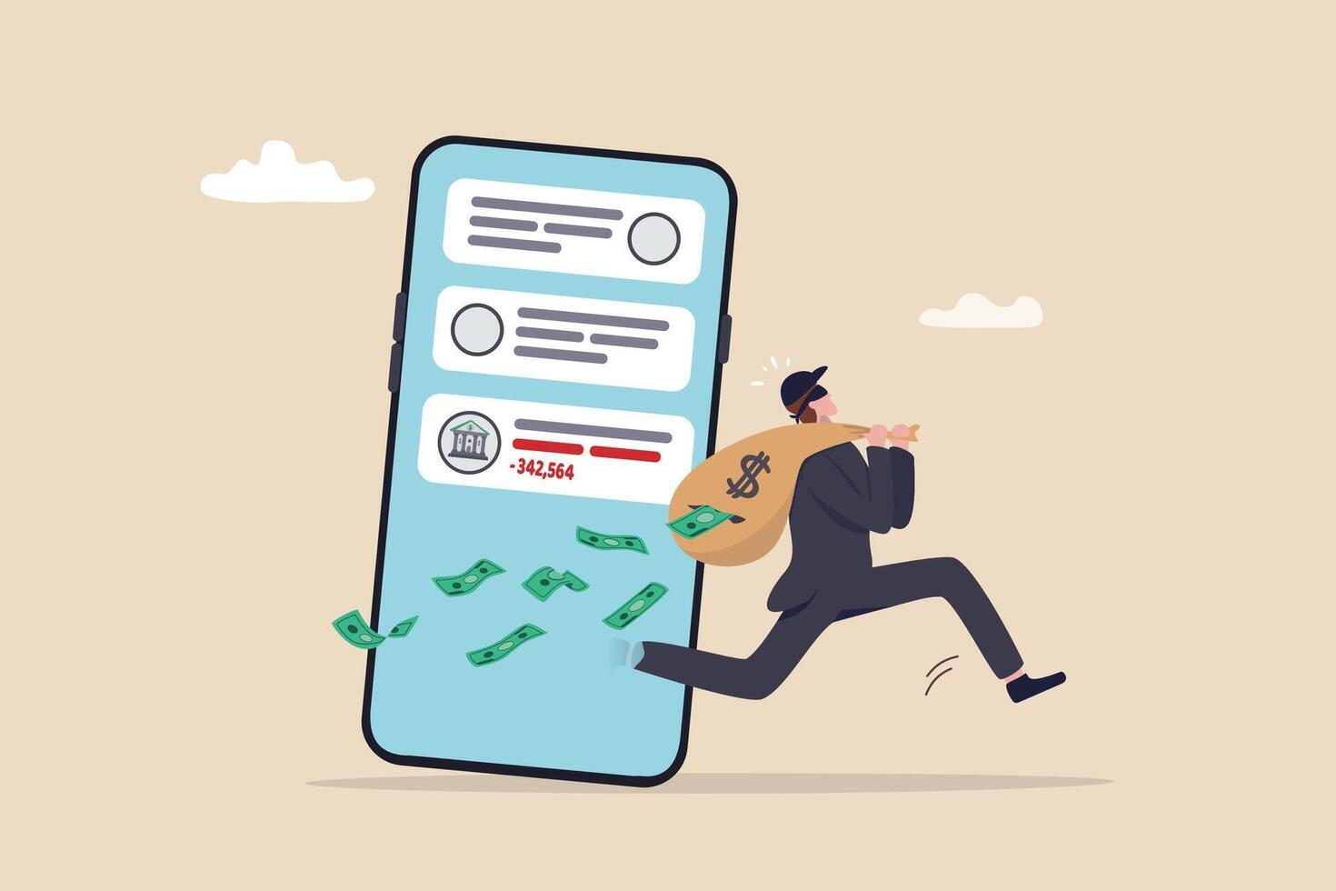 Call center fraud or scam stealing money from mobile banking application, fake phone call or financial crime, phishing or financial threat concept, scammer thief steal money from mobile banking app. vector