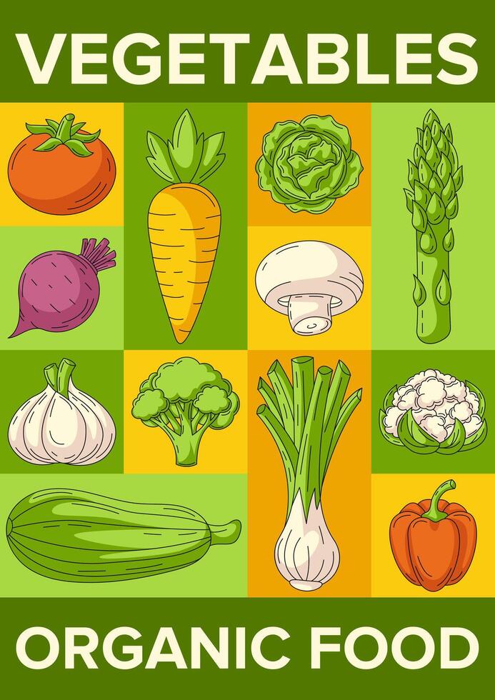 Fresh and healthy farm vegetables, harvesting, organic food. geometric modern vertical poster a4, eco veggies icons. Minimal abstract layout for banner, menu, flyer, cover, farmers market vector