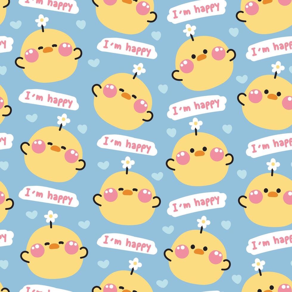 Seamless pattern of cute chicken round shape with flower and I am happy text background.Farm animal character cartoon.Image for card,t shirt print screen,baby clothing.Kawaii.Illustration vector