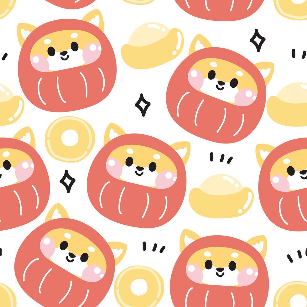 Seamless pattern of cute shiba inu dog daruma costume round shape with gold coin background.Japanese pet animal character cartoon.Image for card,t shirt print screen,baby clothing.Kawaii.Illustration vector
