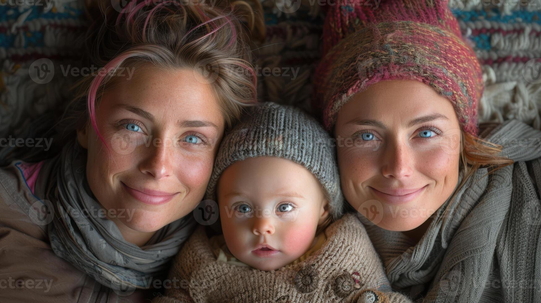 Lesbian couple kissing daughter photo