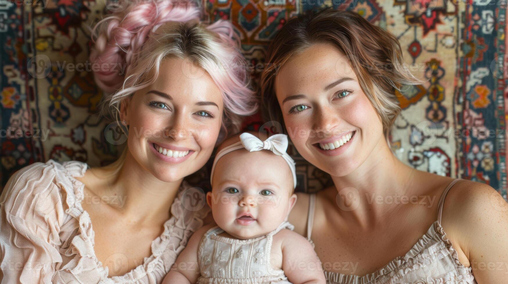 Lesbian couple kissing daughter photo