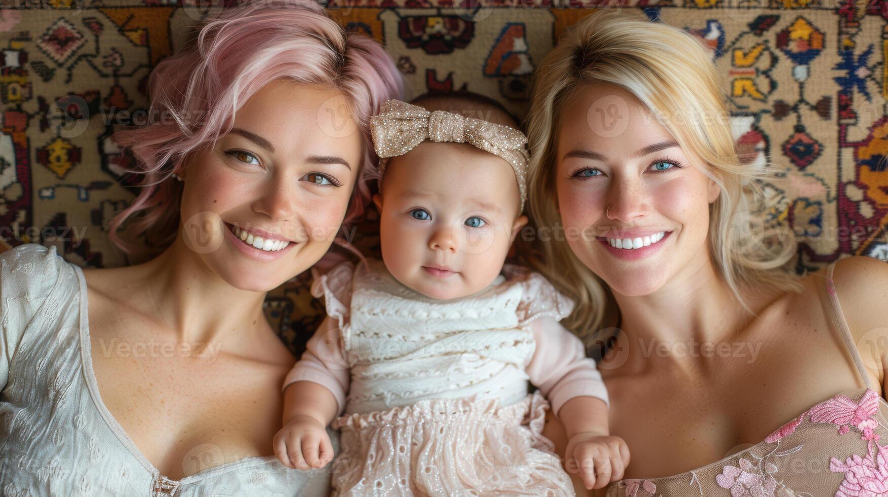 Lesbian couple kissing daughter photo