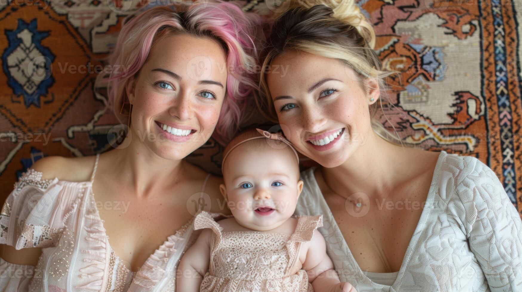 Lesbian couple kissing daughter photo