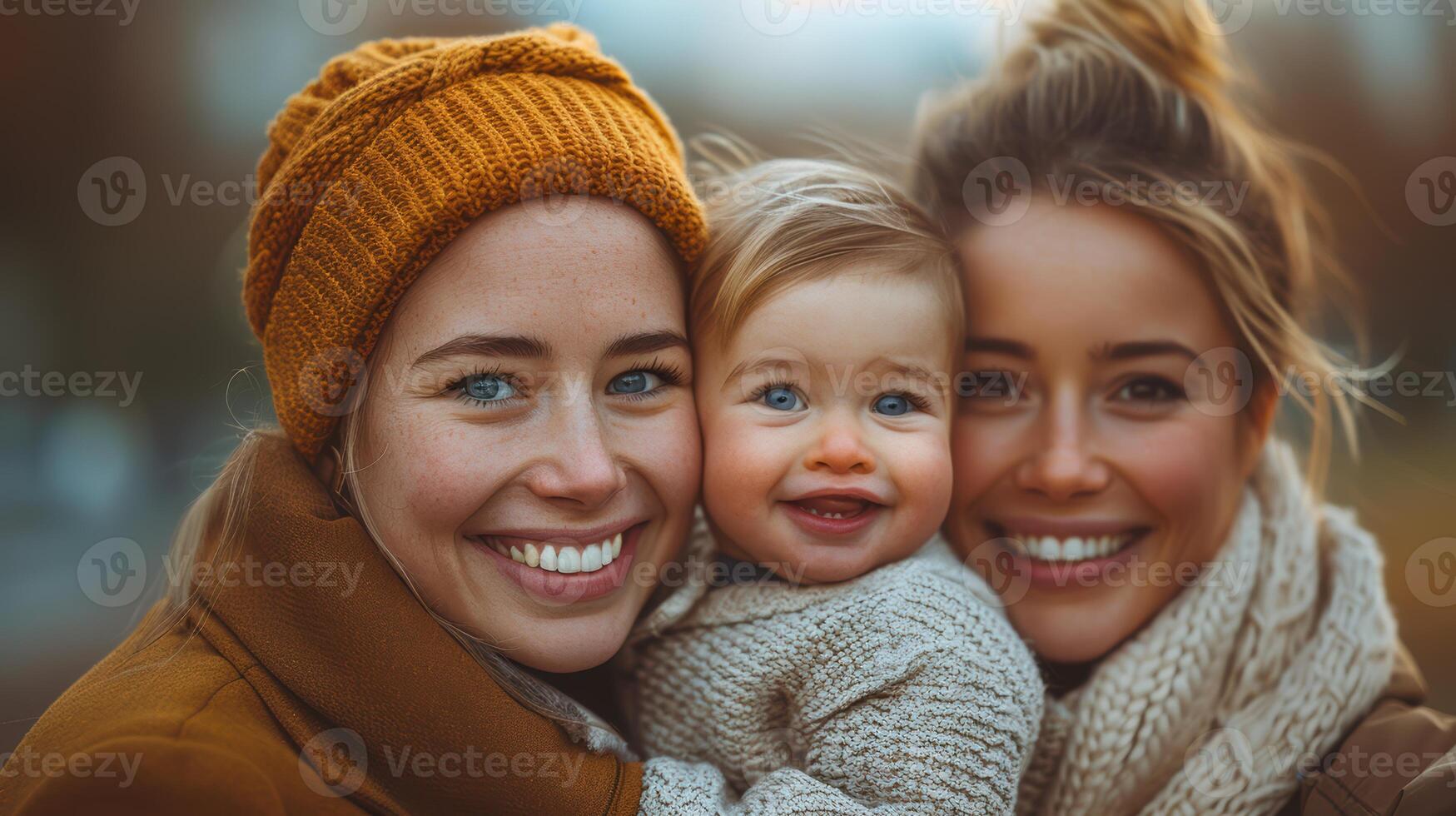 Lesbian couple kissing daughter photo
