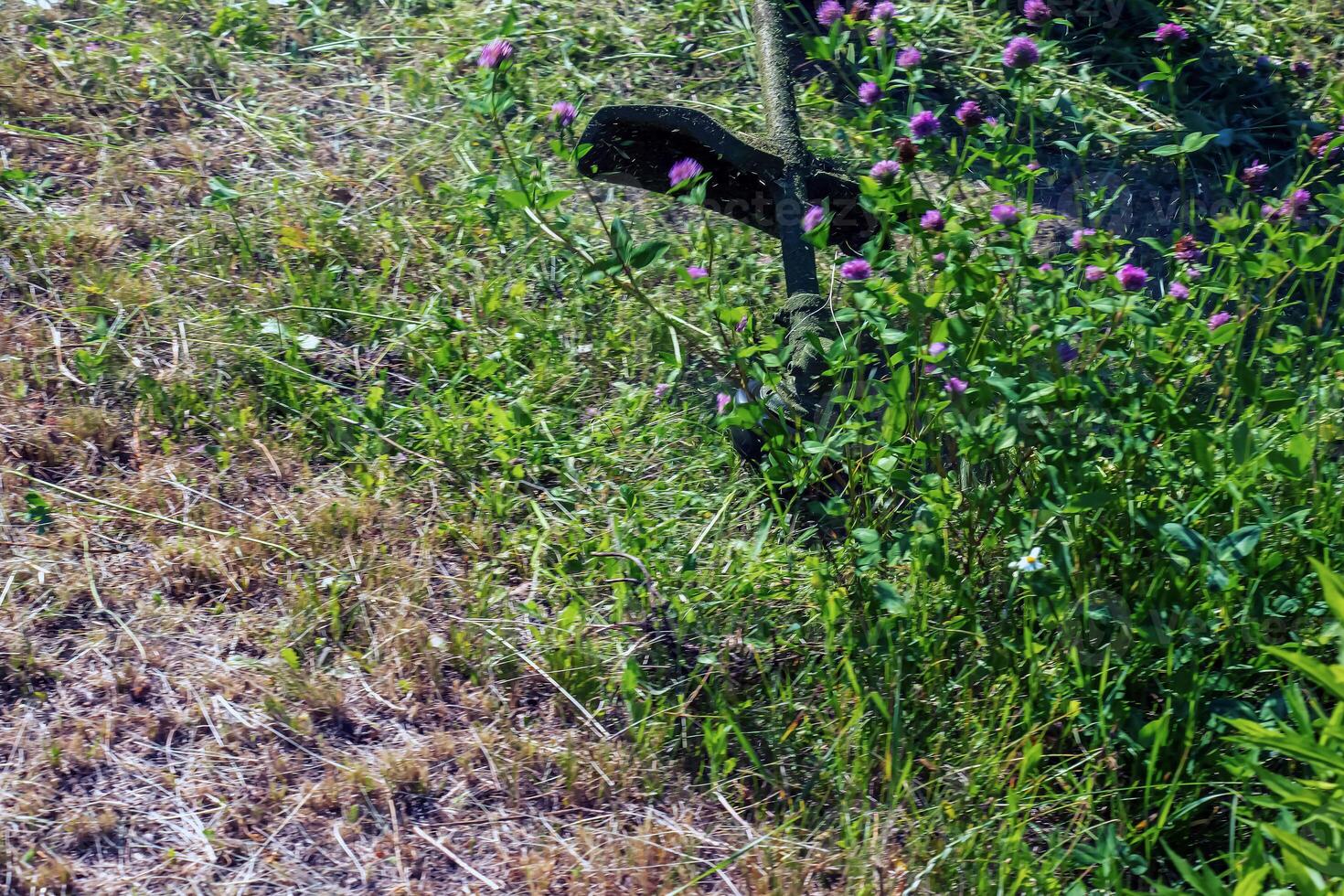 A man cuts and mows the grass. Grass cutting work. Worker mows lawn with grass photo