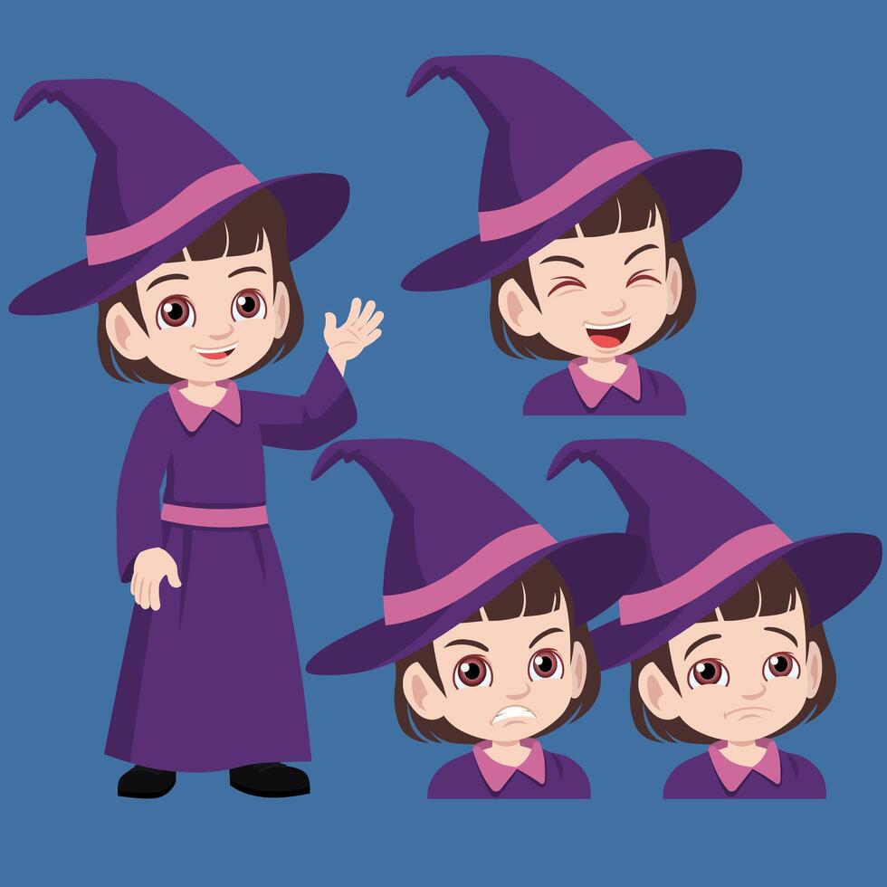 Cute little girl witch costume going to Halloween party with set of face expression vector