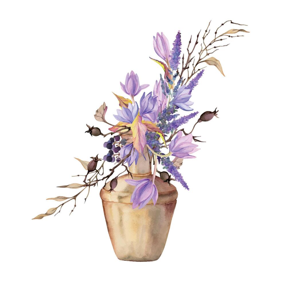 Hand drawn watercolor illustration shabby boho botanical flowers leaves. Crocus saffron rose hip veronica lavender berries in pottery vase. Bouquet isolated on white background. Design wedding, cards vector