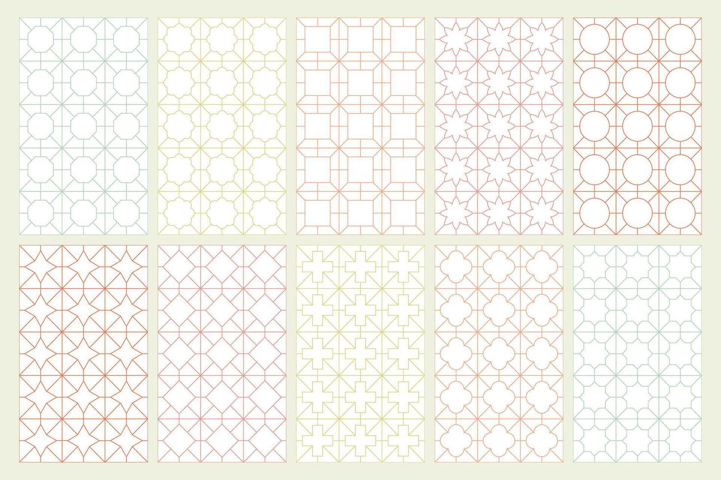 Collection of seamless geometric ornamental patterns. Symmetric oriental design. Eastern repeatable color backgrounds. Grid textures - unusual prints vector