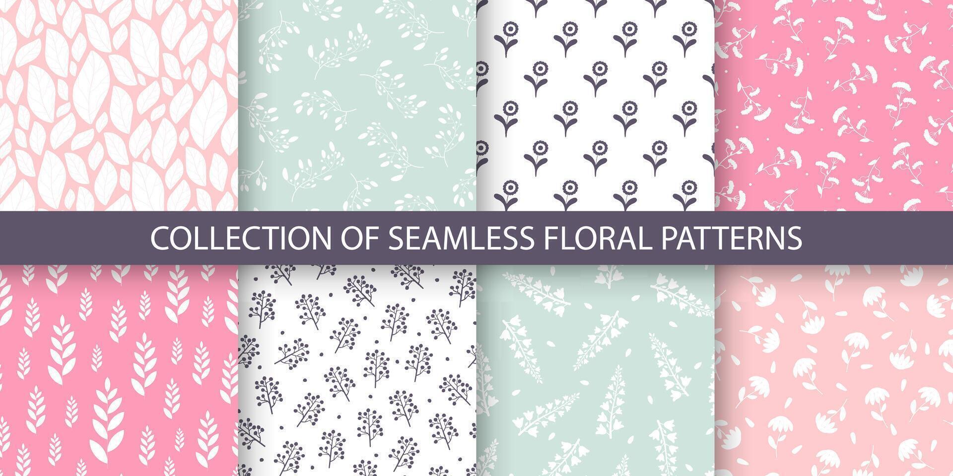 Collection of seamless colorful delicate floral patterns - hand drawn design. Repeatable spring nature cute backgrounds with branches and flowers. Textile endless prints. illustration vector