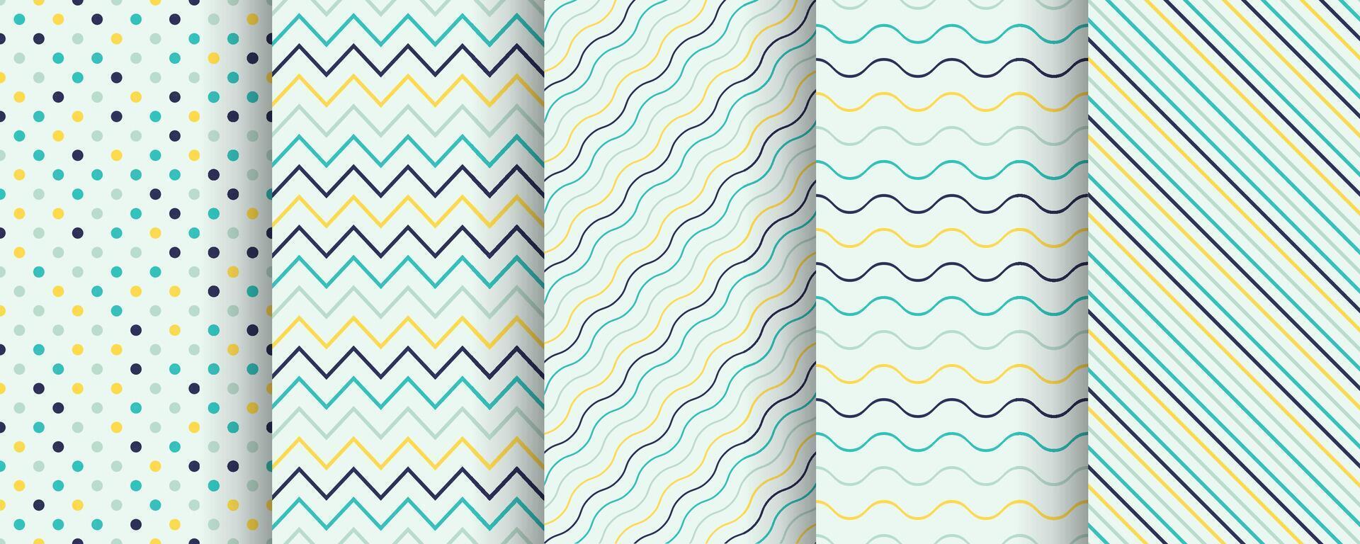 Collection of seamless geometric colorful patterns. Bright minimalistic repeatable dotted and striped backgrounds. Textile endless prints vector