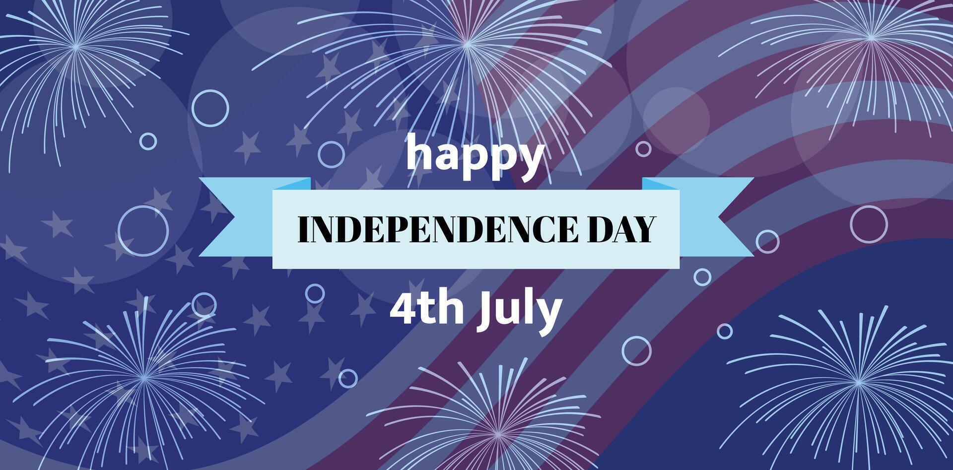 4th of July banner showcasing a blue and purple backdrop with fireworks and star patterns, embodying the festive spirit of Independence Day. USA flag on the background vector
