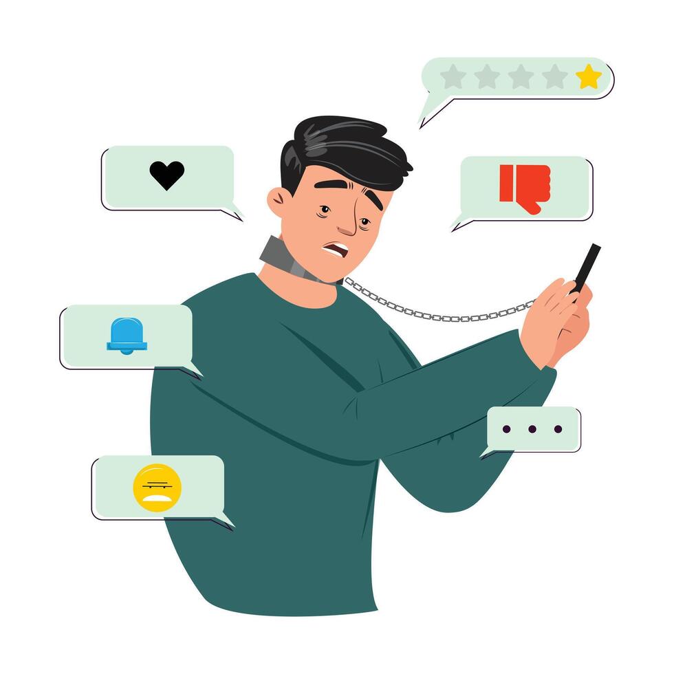 Young man chained to his smartphone, symbolizing social media addiction. Notification icons, heart, bell, thumbs-down and speech bubbles around vector
