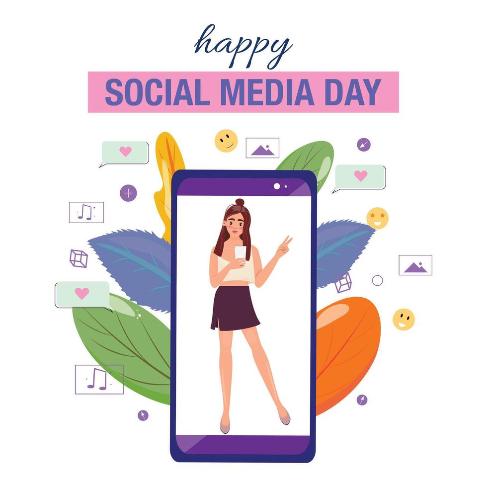 Screen displaying a cheerful teenage girl using her cellphone and showing a peace sign with one hand. Happy Social Media Day illustration vector