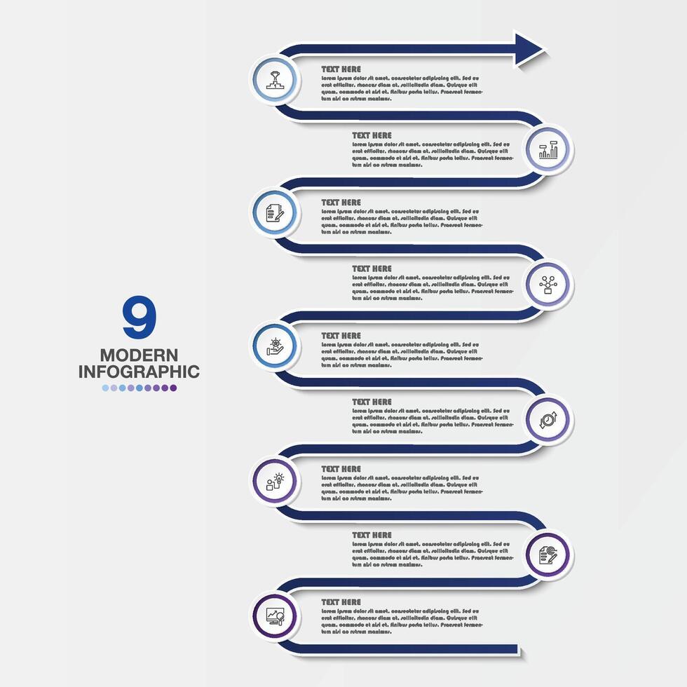 Modern infographic with 9 steps and business icons for presentation. vector