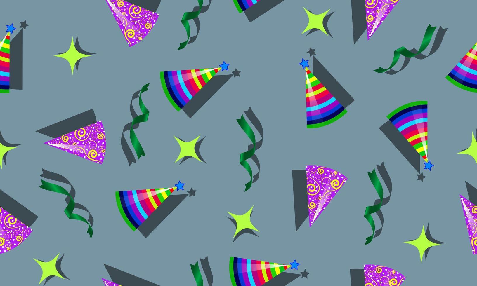 Confetti and birthday hats seamless pattern colorful party blue background. vector