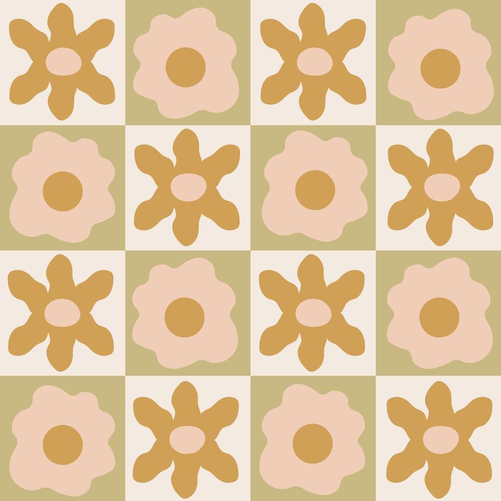 Contemporary Flowers on Checkerboard Seamless Pattern vector