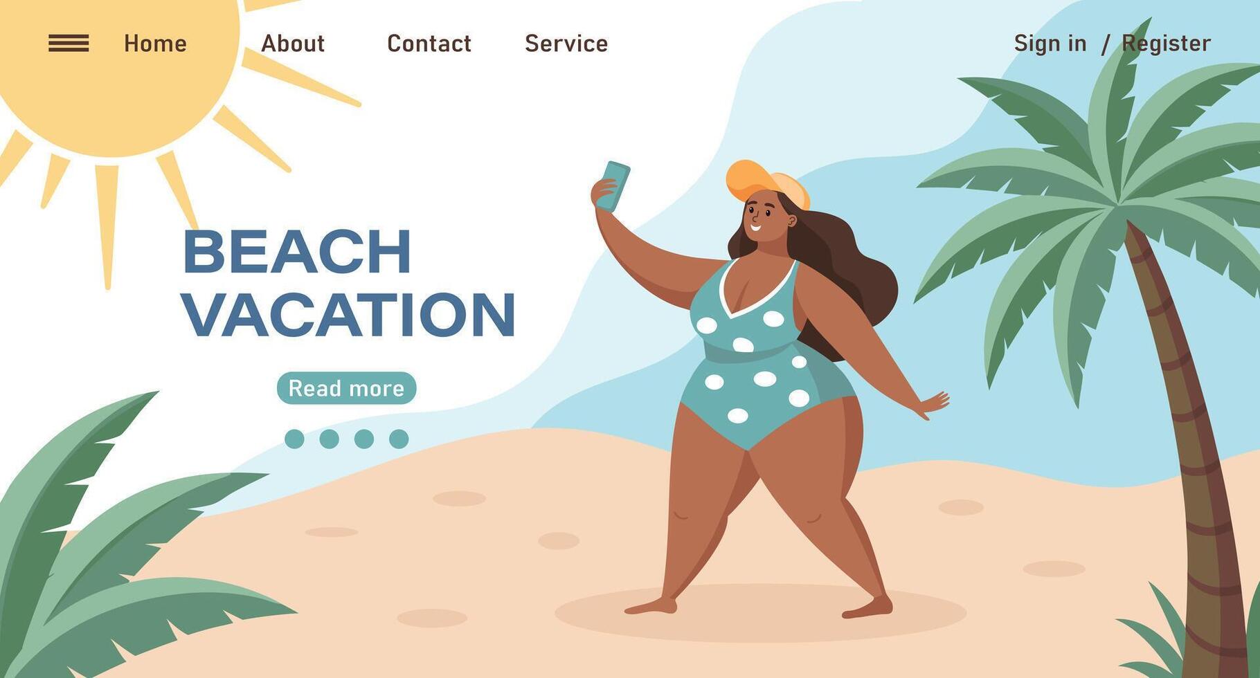 Travel destinations summer landing page. Happy woman in a swimsuit taking a selfie with a smartphone. Beach holiday concept illustration. vector