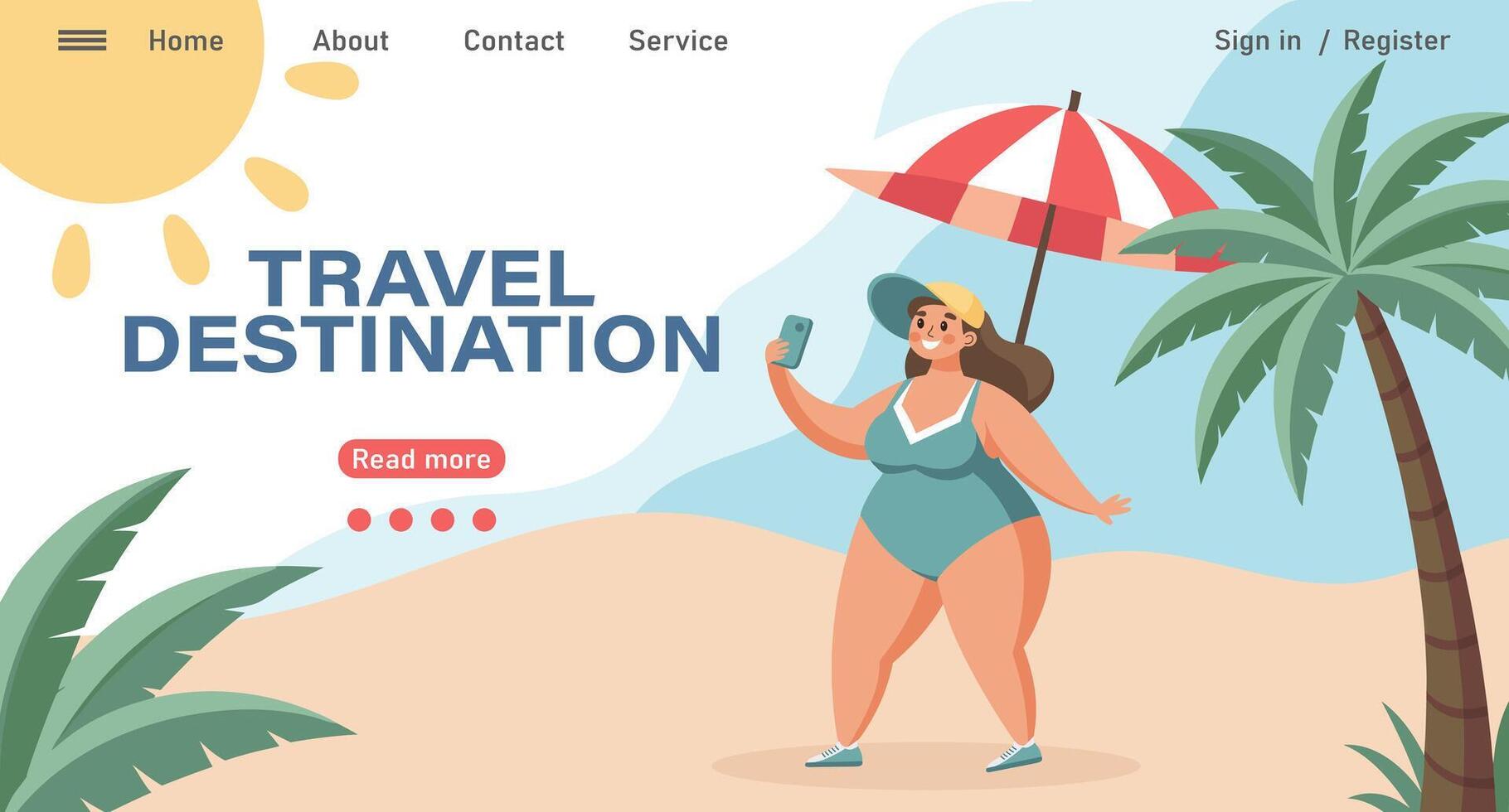 Travel destinations summer landing page. Happy woman in a swimsuit taking a selfie with a smartphone. Beach holiday concept illustration. vector