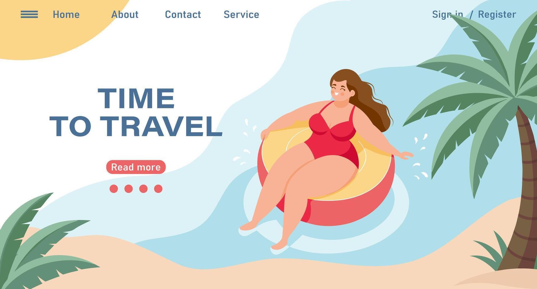 Travel destinations summer landing page. Happy woman in a swimsuit with a swimming ring. Beach holiday concept illustration. vector
