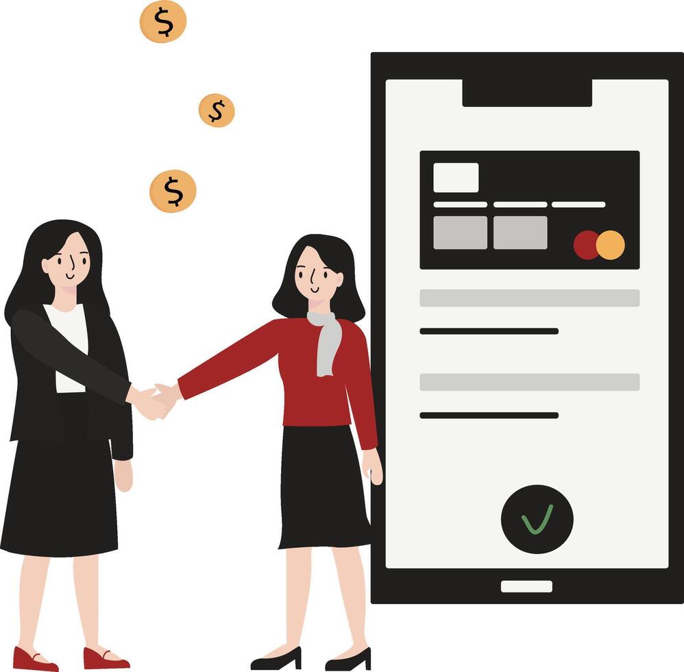 Business woman making payment agreement with client flat design illustration isolated in white background vector