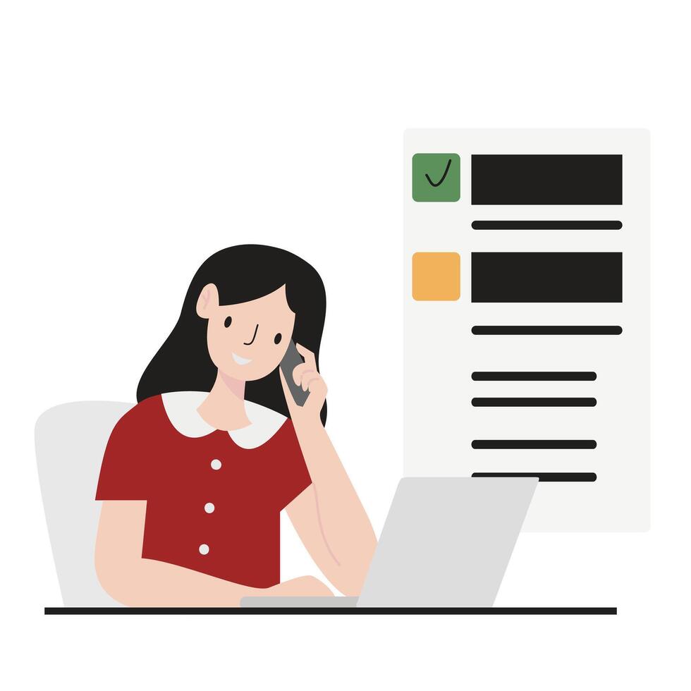 A young girl checking task online flat design illustration isolated in white background vector