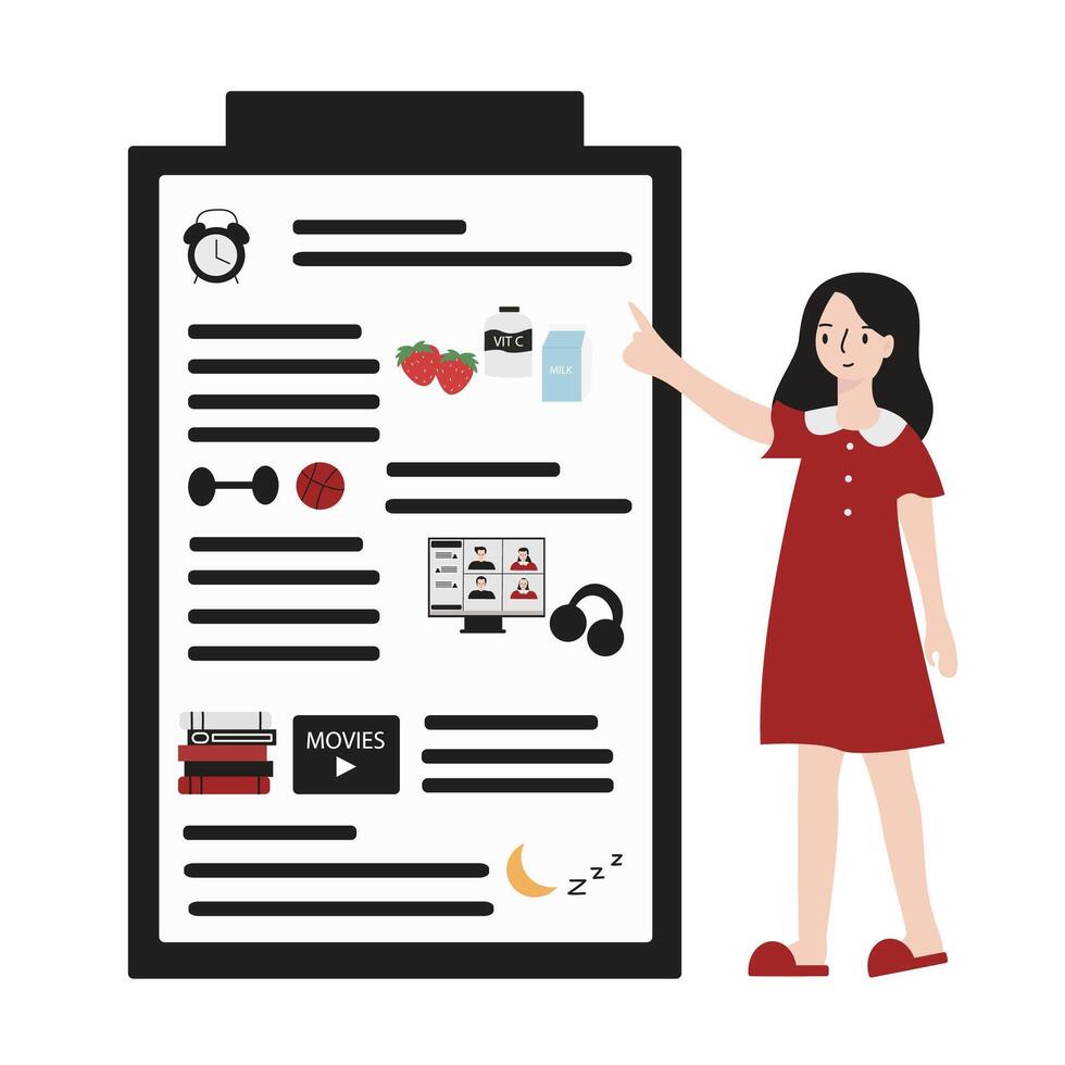 A young girl making daily schedule flat design illustration isolated in white background vector
