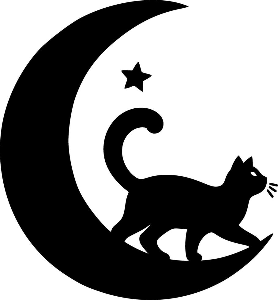 Black Cat Silhouetted on Crescent Moon with Star vector