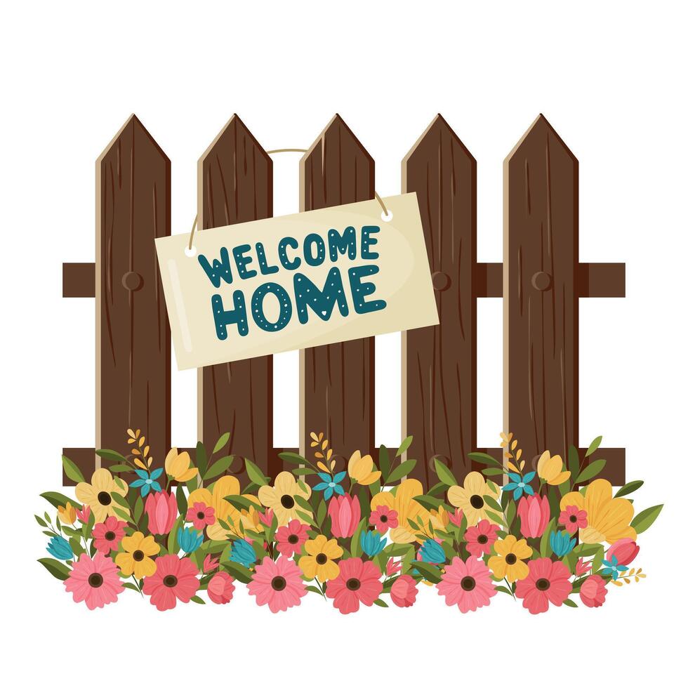 Wooden fence with a sign Welcome home. Bright colorful flowerbed under the fence. Illustration on a white background. vector
