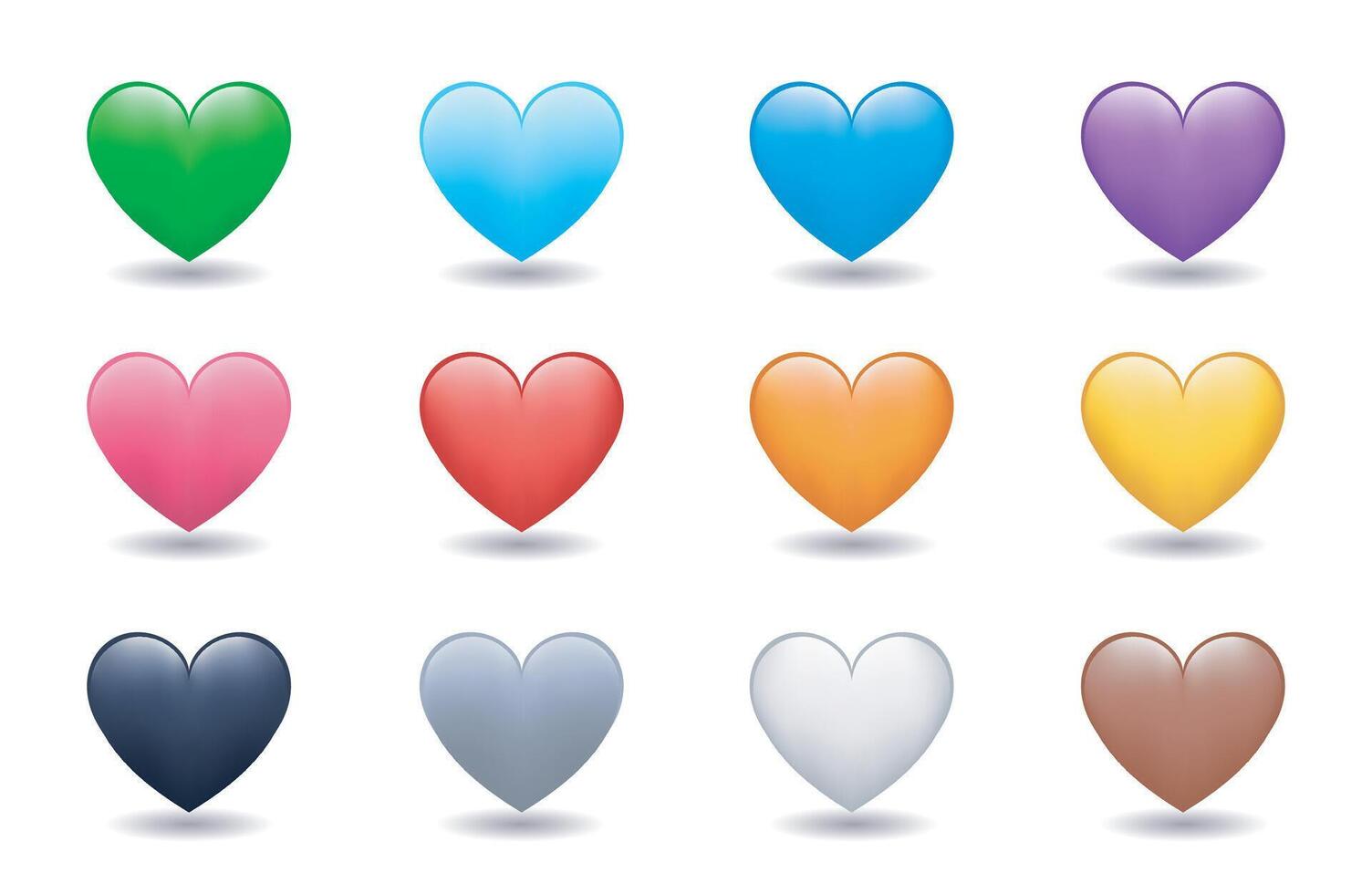 Heart Color Set Icons. Cartoon Style Love Symbol emoji. Heart Love Emoji Icon on white background. Red, orange, yellow, green, blue, purple, black, white, brown color hearts. vector