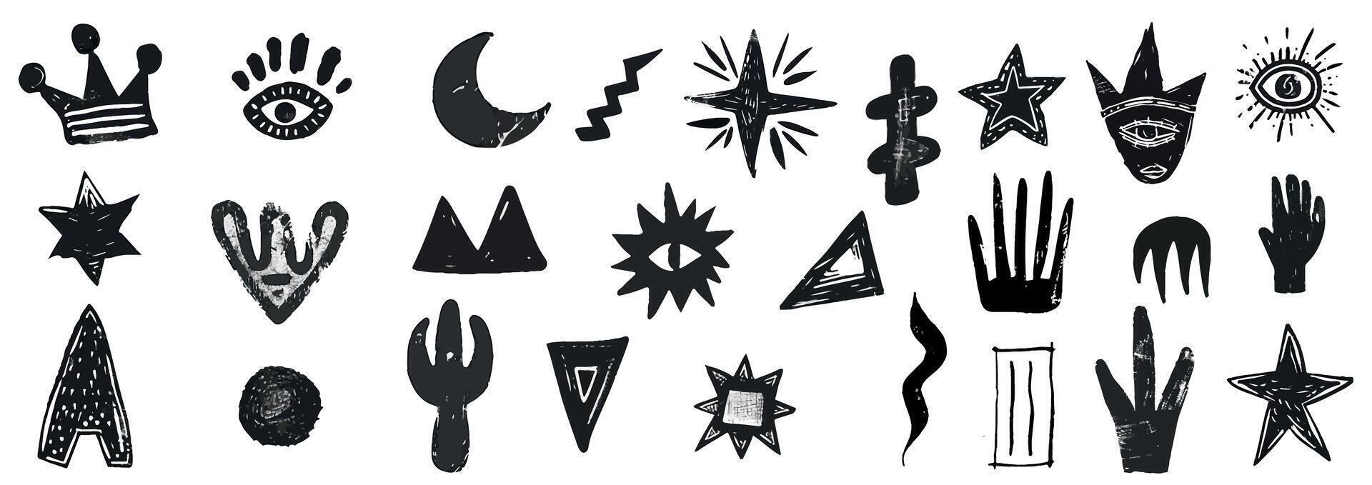 Handdrawn grungy punk linocut shapes, retro naive groovy icons. Charcoal marker scribble elements - geometric shapes, eye, crown, star, flower. Illustration of crayon pencil lino doodles vector