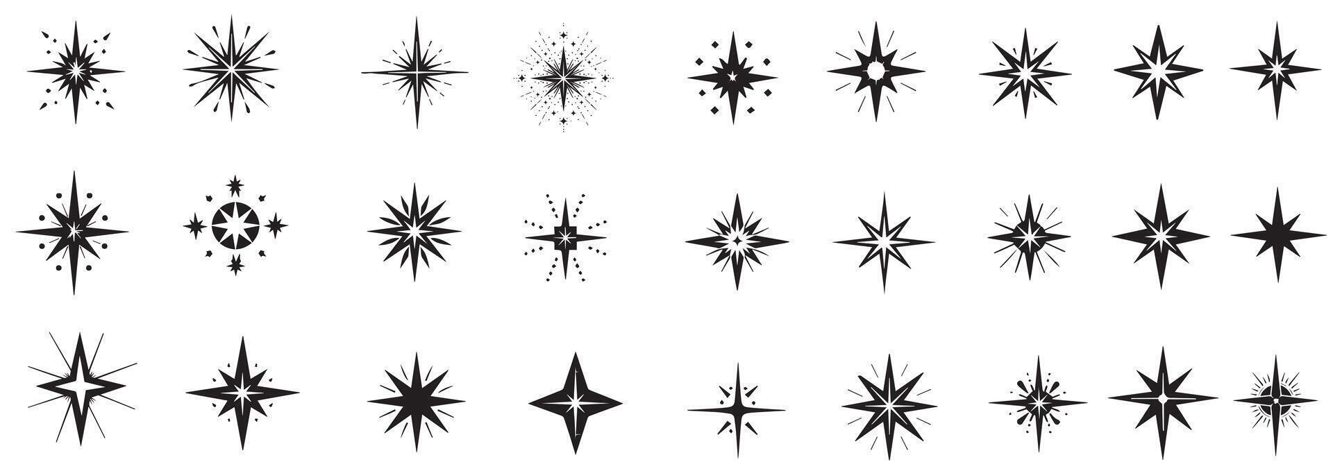 Y2k star sparkle bling abstract tattoo shapes. Hand drawn star sparkle shine of doodle set. Star shine twinkle glow, spark glitter, magic party light illustration. vector