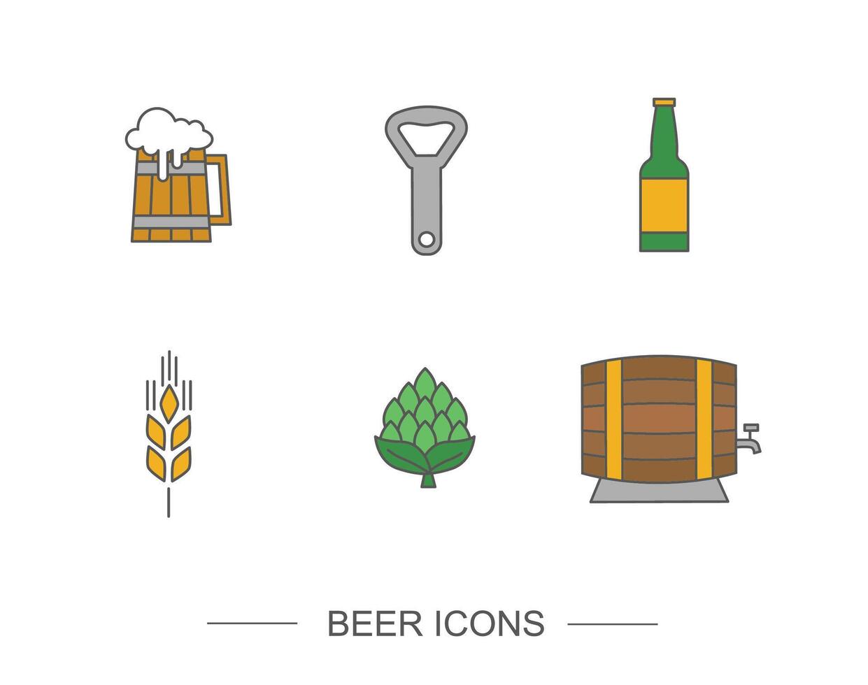 Flat line beer icons. Beer or brewery related symbols set. Beer bottle, barrel, wheat and more vector