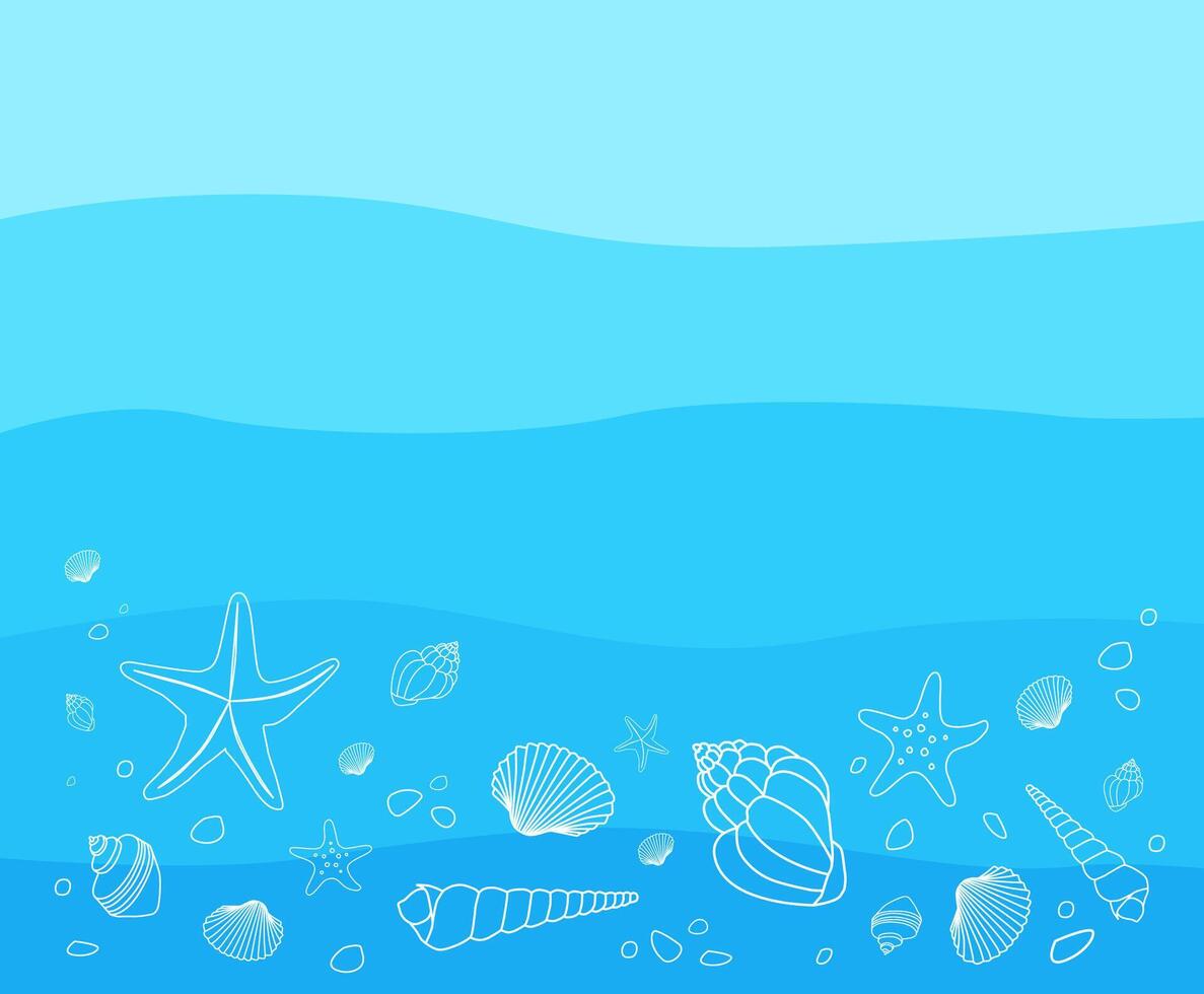 Blue waves flat background with hand drawn different outline sea stars and shells. Ocean background vector