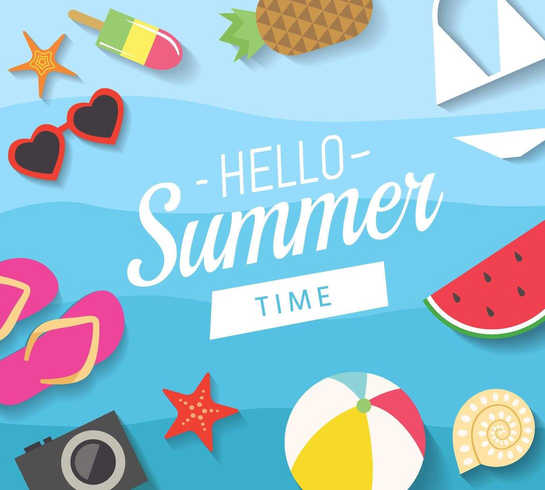 Hello Summer Time. Card or banner design template with blue waved background. Beach holidays items flat illustration vector