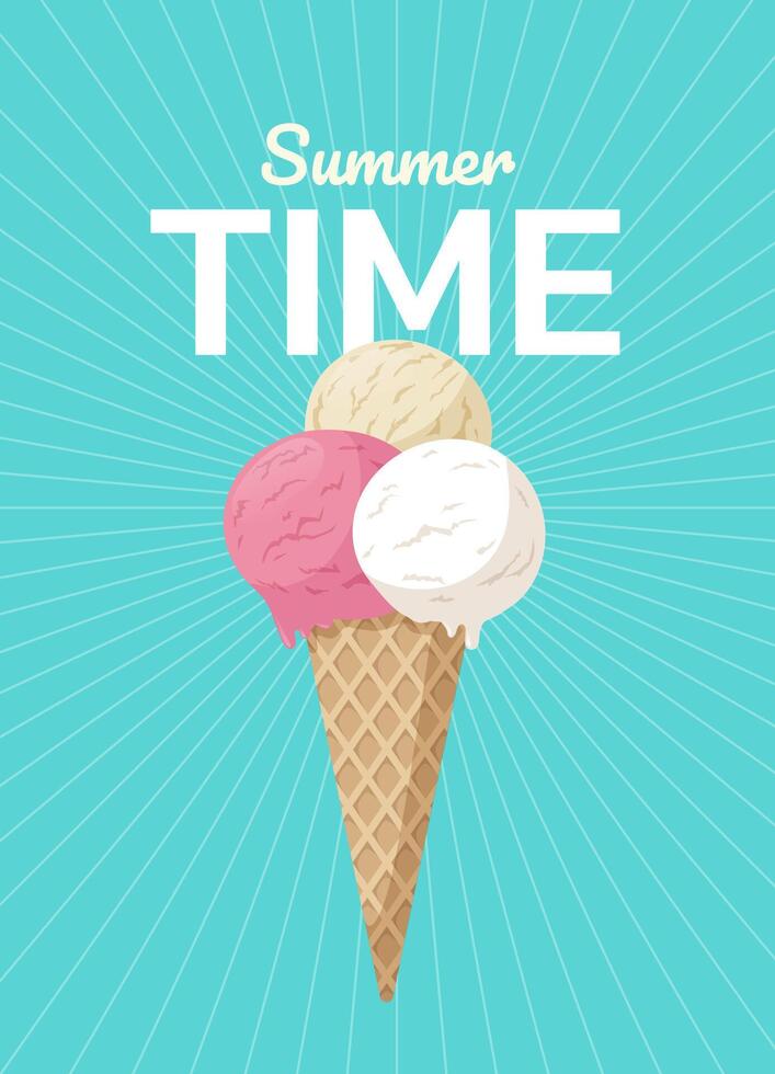 Ice Cream cone illustration with text on bright turquoise background. Summer Time poster design for ice cream cafe vector