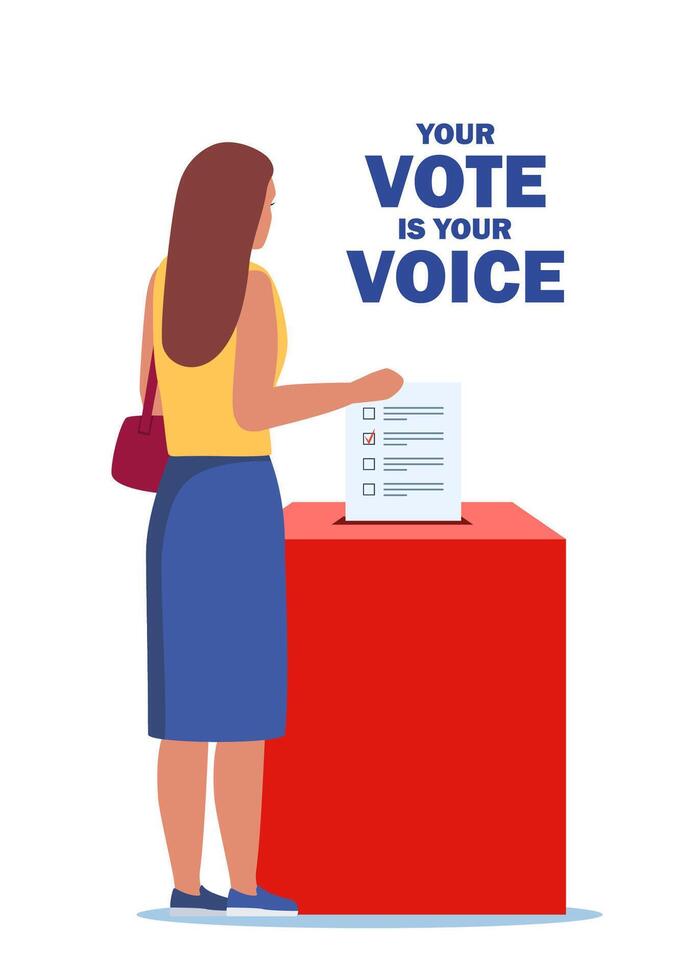 Woman putting vote paper into Election Box. Vote is your voice. Illustration. vector