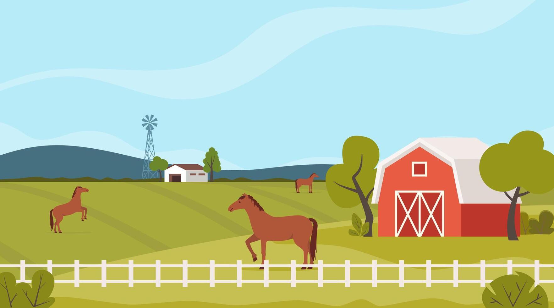 Equine farm landscape. Equestrian ranch stable yard running horses, horse eating grass on summer field, purebred stallion pasture panoramic background. . vector