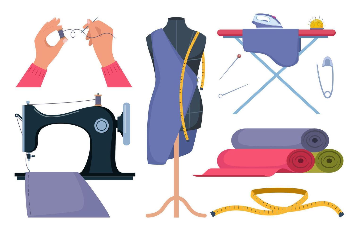 Tailors accessories, supplies and equipment to sew cloth. Dressmaking collection with thread rolls, button, needles, zipper, sewing machine, mannequin, scissors, iron. Tailoring studio. vector