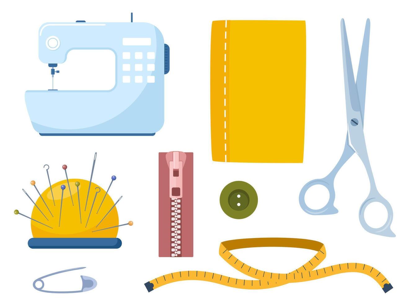 Tailors accessories, supplies and equipment to sew cloth. Dressmaking collection with button, needles, zipper, sewing machine, measuring tape, scissors. Tailoring studio. vector