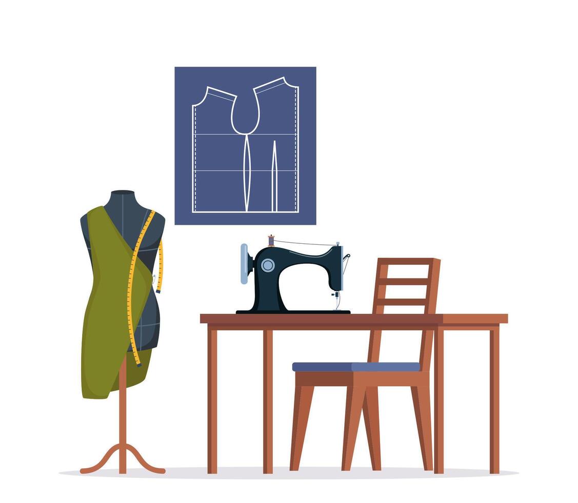 Sewing room with sewing machine, mannequin, tools and sewing pattern. Tailor interior. illustration. vector
