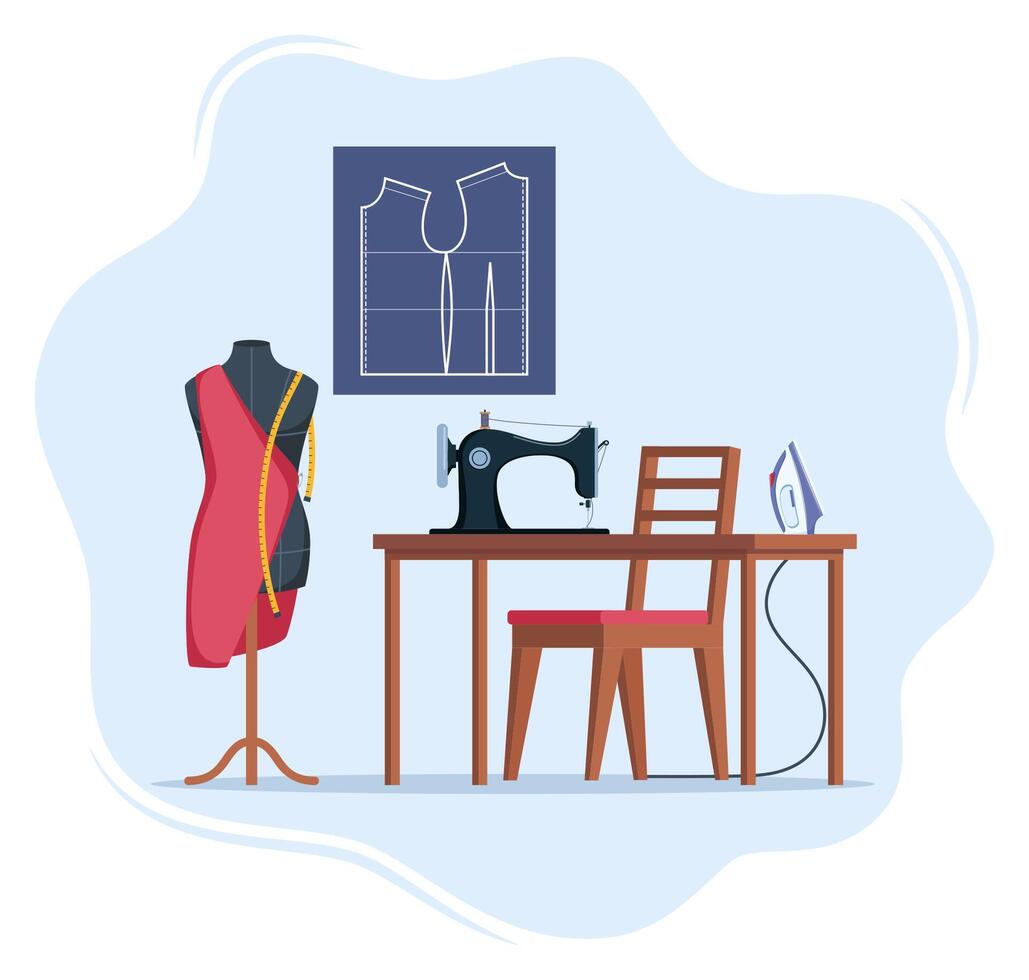 Sewing room with sewing machine, mannequin, tools and sewing pattern. Tailor interior. illustration. vector
