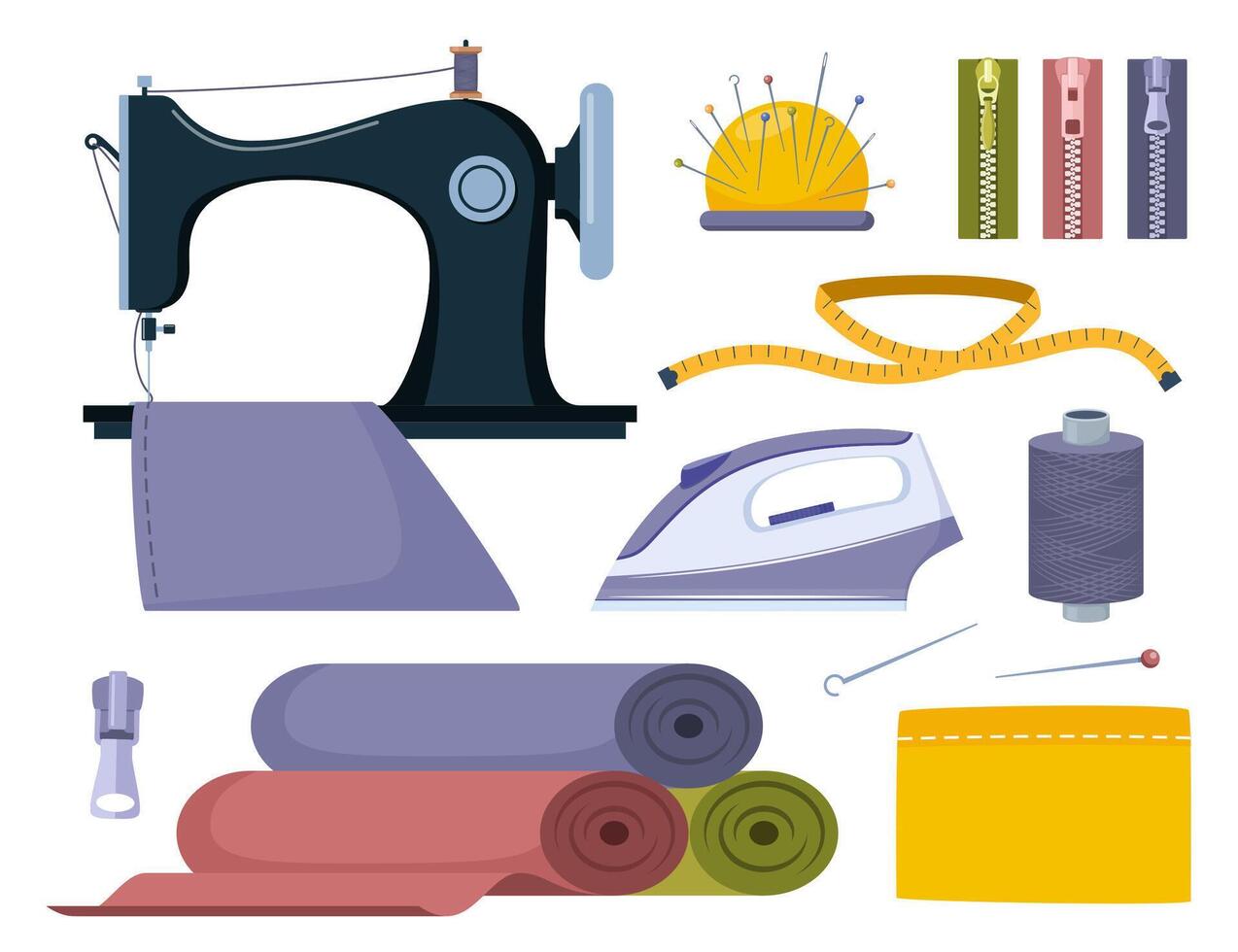 Tailors accessories, supplies and equipment to sew cloth. Dressmaking collection with thread rolls, button, needles, zipper, sewing machine, mannequin, scissors, iron. Tailoring studio. vector